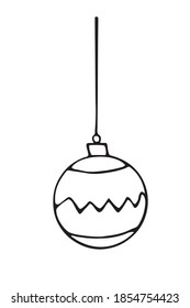 Vector outline Christmas ball hanging on string. Element of new year and xmas design in style of doodles, isolated. Simple hand drawn image for greeting cards, calendars, coloring book