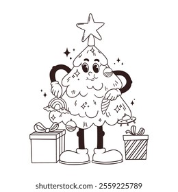 vector outline Christmas illustration template for coloring, activity, sketch funny cartoon mascot Christmas tree getting ready for the party, decorates itself with balls and other decorations
