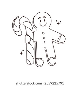 vector outline Christmas illustration template for coloring, activity, sketch funny cartoon happy gingerbread man with candy cane in his hand