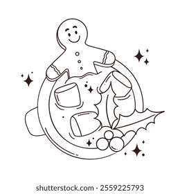 vector outline Christmas illustration template for coloring, activity, sketch funny cartoon mascot smiling gingerbread man take a hot chocolate bath with marshmallow in big cup