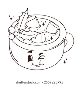 vector outline Christmas illustration template for coloring, activity, sketch funny cartoon big cup of cocoa with marshmallows with a winking face