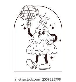 vector outline Christmas illustration template for coloring, activity, sketch funny cartoon mascot Christmas tree spins the disco ball on his finger in vintage frame