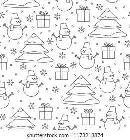 Vector outline Christmas seamless pattern. Seamless pattern with Christmas tree, snowman and gift box. 