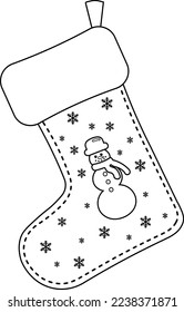 Vector Outline Christmas Sock Design Element. Isolated Outline Christmas Sock with Ornamental decorations and Snowman illustration. Falling snowflakes pattern. Christmas Sock Template for Coloring.