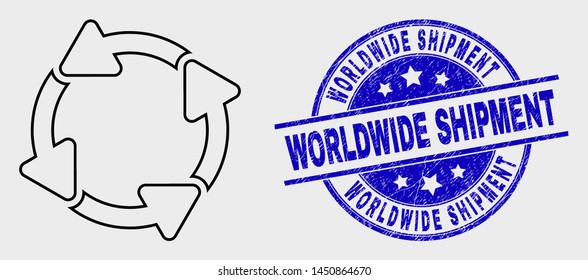 Vector outline circulation arrows pictogram and Worldwide Shipment seal stamp. Blue round textured seal stamp with Worldwide Shipment phrase.