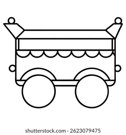 Vector outline of a circus cart or wagon with wheels and a decorative roof in black and white