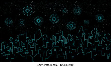 vector outline city and fireworks in the starry sky