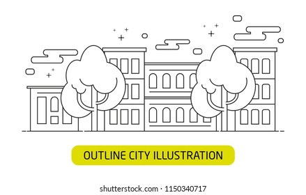 Vector outline city streel illustration with buildings and trees