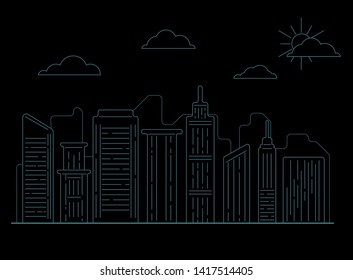 vector outline cityscape illustration, clouds and sun, modern buildings