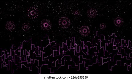 vector outline cityscape, starry sky and festive fireworks