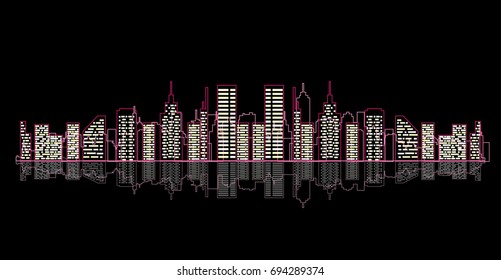 vector outline cityscape.abstract skyline silhouette. glowing lines and city lights