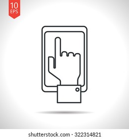 Vector outline classic grey hand of the person with the phone on white background . Concept of communication in the network 