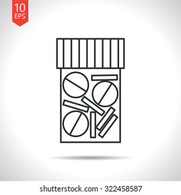 Vector outline classic grey tablet bottle on white background . Health icon 