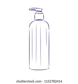 Vector outline classic liquid soap bottle on white background. Cosmetic icon. Isolated cosmetic bottle. Flat sign vector illustration. Image of a bottle with a dispenser