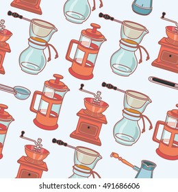 Vector outline coffee mill, geyser coffee maker and cup, vector seamless pattern