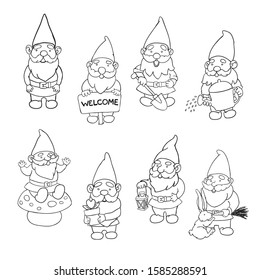 Vector outline collection illustrations of garden gnome. Set of cute fairytale characters