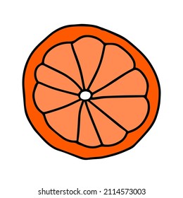 A Vector outline colored illustration of one round slice fresh orange isolated on a white background