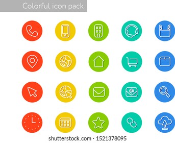 Vector outline colorful icon pack in one geometry style for your business
There are base icons, like phone, web, mail, cloud, search, time, calendar, adress, shop and etc.