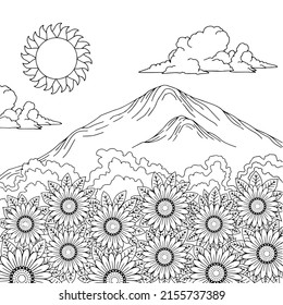 Vektorgrafik-Farbseite Sommerlandschaft mit Sonnenblumen