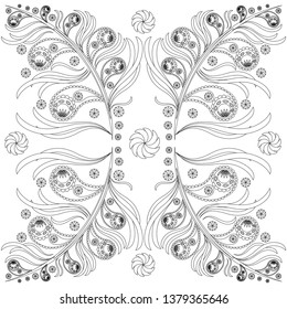 vector outline colorless black and white seamless pattern of paisley ornament. For textile, fabric and clothes