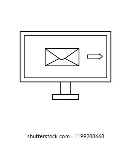 Vector outline computer screen displaying email sending. Computer monitor icon. Computer screen with email letter.