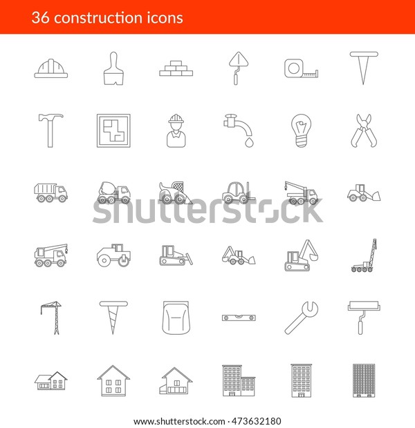 Vector\
outline construction icons on white\
background