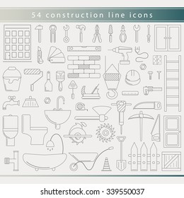 Vector outline construction and instruments icons set - building , home repair worker tools in trendy thin line style. Hammer, saw, wrench, drill, helmet, screwdriver, pliers, axe, screw, clamp