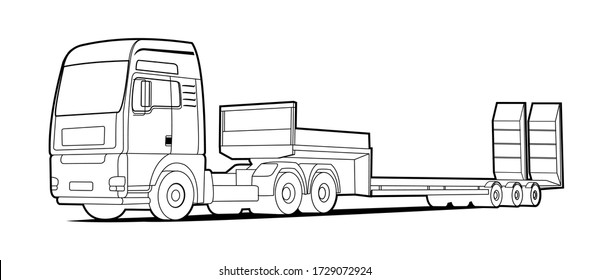 Vector outline, contour truck; tractor, low loader trawl for transportation of road equipment, tractors, graders, scrapers, bulldozers. For coloring book.