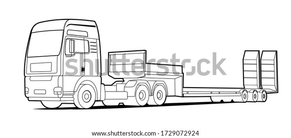 Vector outline, contour\
truck; tractor, low loader trawl for transportation of road\
equipment, tractors, graders, scrapers, bulldozers. For coloring\
book.