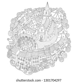 Vector outline contoured fantasy landscape, trees, fairy tale small town medieval castle on the hill. Black and white T shirt print, Brochure illustration, Adults Coloring Book page 