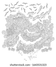 Vector outline contoured fantasy landscape, fairy tale small town on the hill, clothes dry, witches and demons flying on the broom to Sabbath. Black and white T shirt print, Adults Coloring Book page 