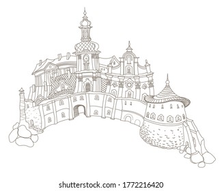 Vector outline contoured fantasy landscape, fairy tale small town medieval castle on the hill. Black and white T shirt print, Travel Brochure illustration, Adults Coloring Book page 