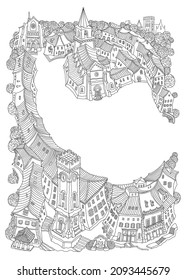 Vector outline contoured fantasy landscape, trees, fairy tale small town medieval castle on the hill. Black and white T shirt print, Travel Brochure cover illustration, Adults Coloring Book page 
