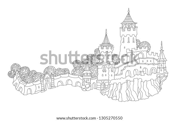 Vector\
outline contoured fantasy landscape, trees, fairy tale small town\
medieval castle on the hill. Black and white T shirt print,\
Brochure illustration, Adults Coloring Book page\
