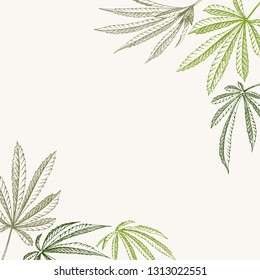 Vector outline corner background of hemp plant on a beige square cannabis texture