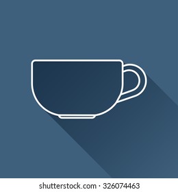 Vector outline cup for tea or coffee icon on dark blue background with long shadow 