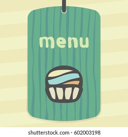 Vector outline cupcake with cream food icon on label with hand drawn striped background. Elements for mobile concepts and web apps. Modern infographic logo and pictogram.