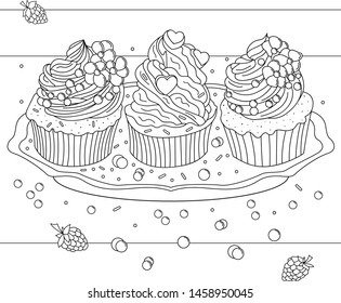 Vector outline cupcake . Drawing of cake  in contour for summer, sweet food design or bakery and coloring book