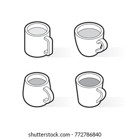Vector outline cups. Outline isometric mugs on white background.