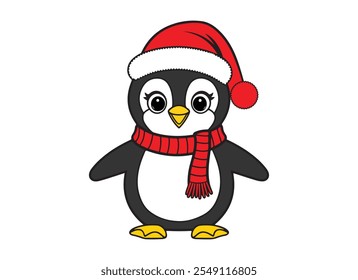 Vector Outline of A cute Frosty the Penguin wearing a Santa clause hat and scarf on white background, Christmas penguin illustration, happy penguin characters celebrate New Year, vector illustration