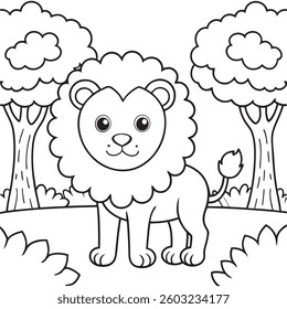 Vector outline of a cute lion in the forest for coloring books page