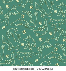 Vector Outline Cute Wolves and Paws Seamless Pattern for Textile or Wrapping Paper 3600 x 3600 Pixel