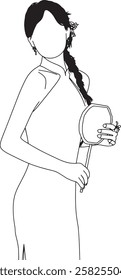 Vector outline depicting a graceful woman in a traditional dress, holding a fan, symbolizing elegance.