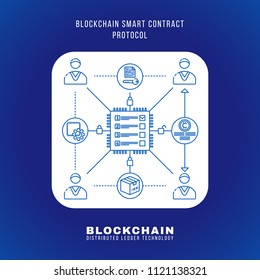 vector outline design blockchain smart contract protocol principle explain scheme illustration white rounded square icon isolated blue background