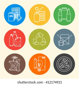 vector outline design waste colored groups paper plastic battery metal glass organic paper hazardous round icons set for separate collection and segregation recycle garbage light background