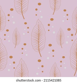 Vector outline dieffenbachia leaves on pastel lilac seamless pattern background. Perfect for fabric, scrapbooking and wallpaper projects.