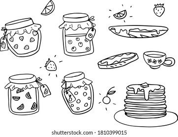 Vector outline different berry jam in jars, pancakes with syrup, cup of tea and toast with jam