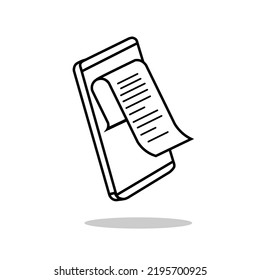 Elementos de diseño del concepto de icono de lista digital de esquema de vector. Smartphone con cinta de verificación e ilustración de monedas. Cheque de recibo de papel, monedas en dólares. Factura digital para el concepto de banca por Internet móvil.