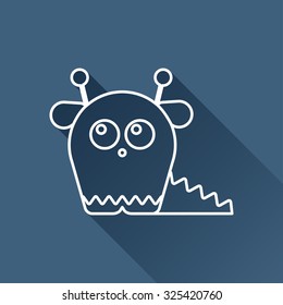 Vector outline dinosaur monster icon on dark blue background with long shadow 