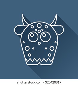Vector outline dinosaur monster icon on dark blue background with long shadow 
